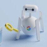 a small robot looking at a book with a magnifying glass