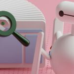 a white robot holding a magnifying glass